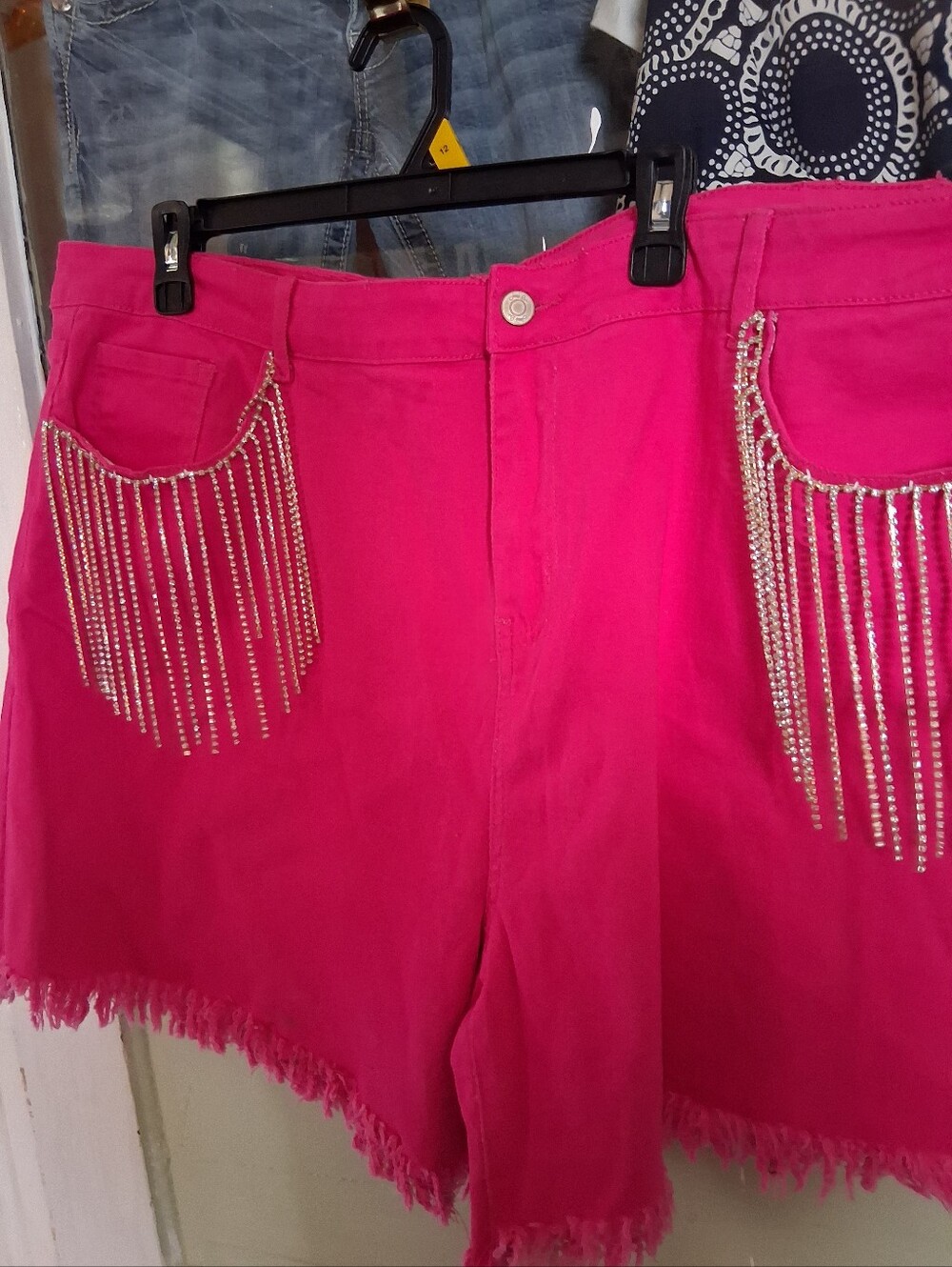 Women's Hot Pink Rhinestone Fringe Denim Shorts